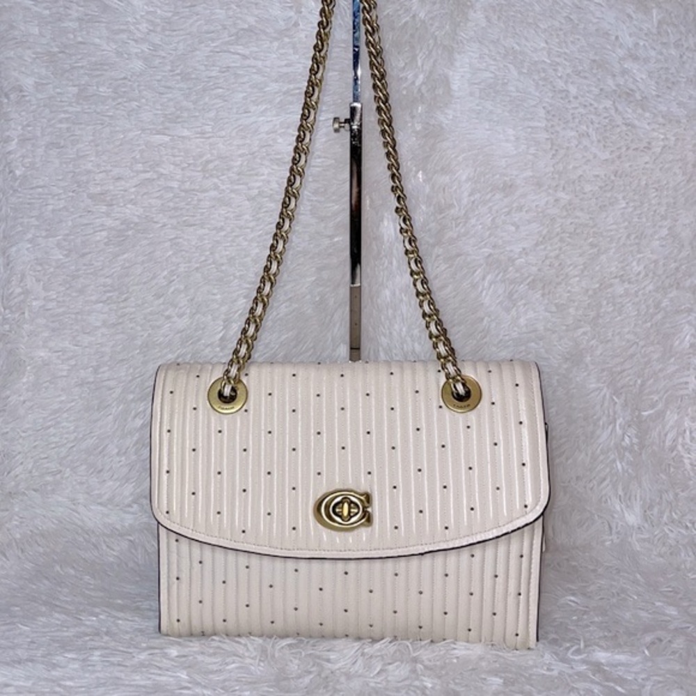 Coach Parker Chain Crossbody Bag Shoulder Purse with Quilting & Rivets in Chalk - Picture 3 of 16